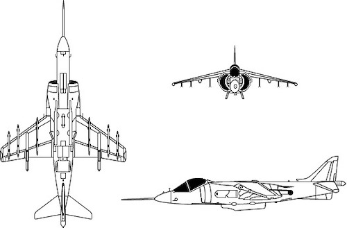 3-view profile of AV-8B Harrier II