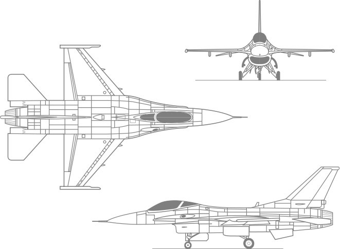 3-view profile of F-16 Fighting Falcon