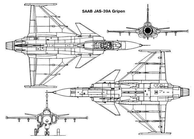 3-view profile of JAS 39 Gripen