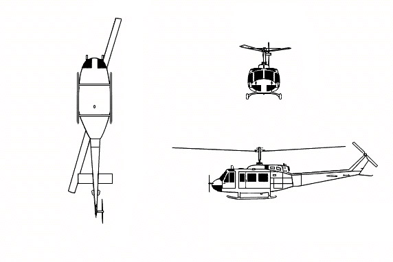 3-view profile of UH-1 Iroquois "Huey"